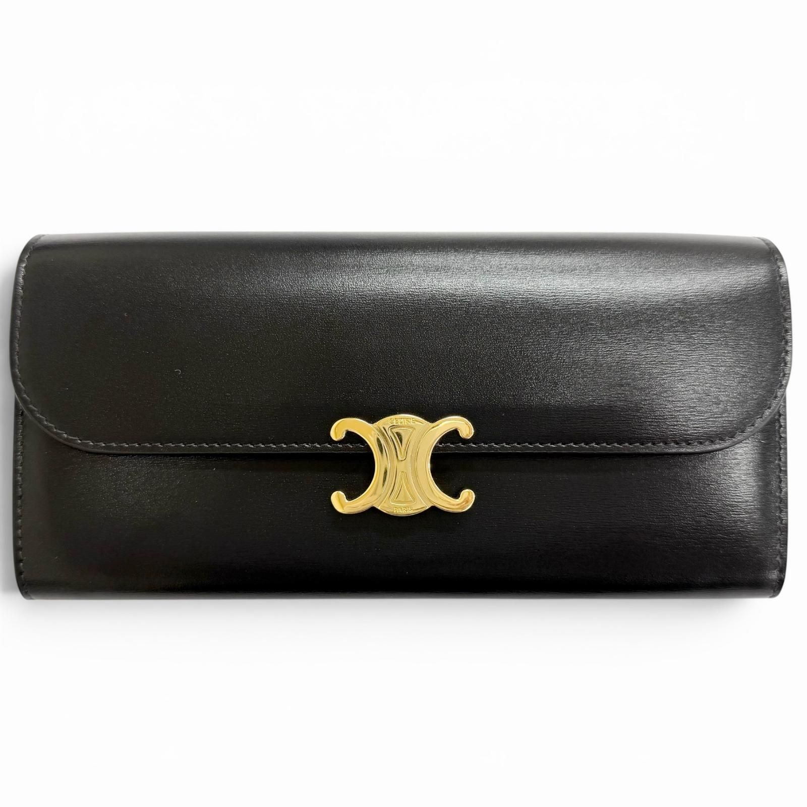 極美品△CELINE セリーヌ 10E313DPV シャイニーカーフスキン トリオンフ フラップ ラージウォレット 二つ折り 長財布 ブラック ゴールド金具 イタリア製 レディース 箱・保存袋付き