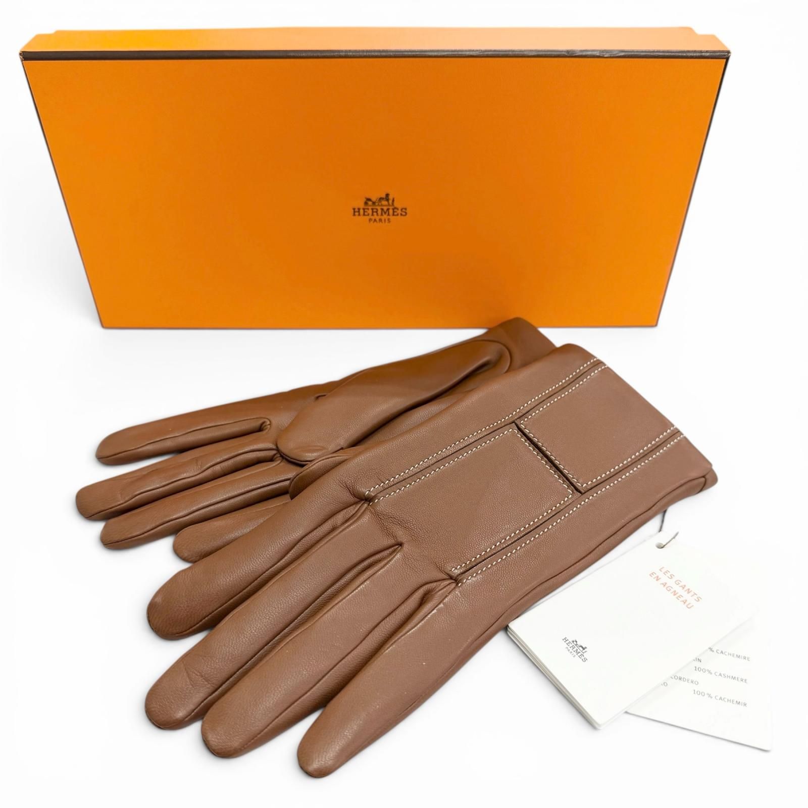 未使用品△HERMES エルメス 裏地カシミヤ100％ Hステッチ ラムレザー