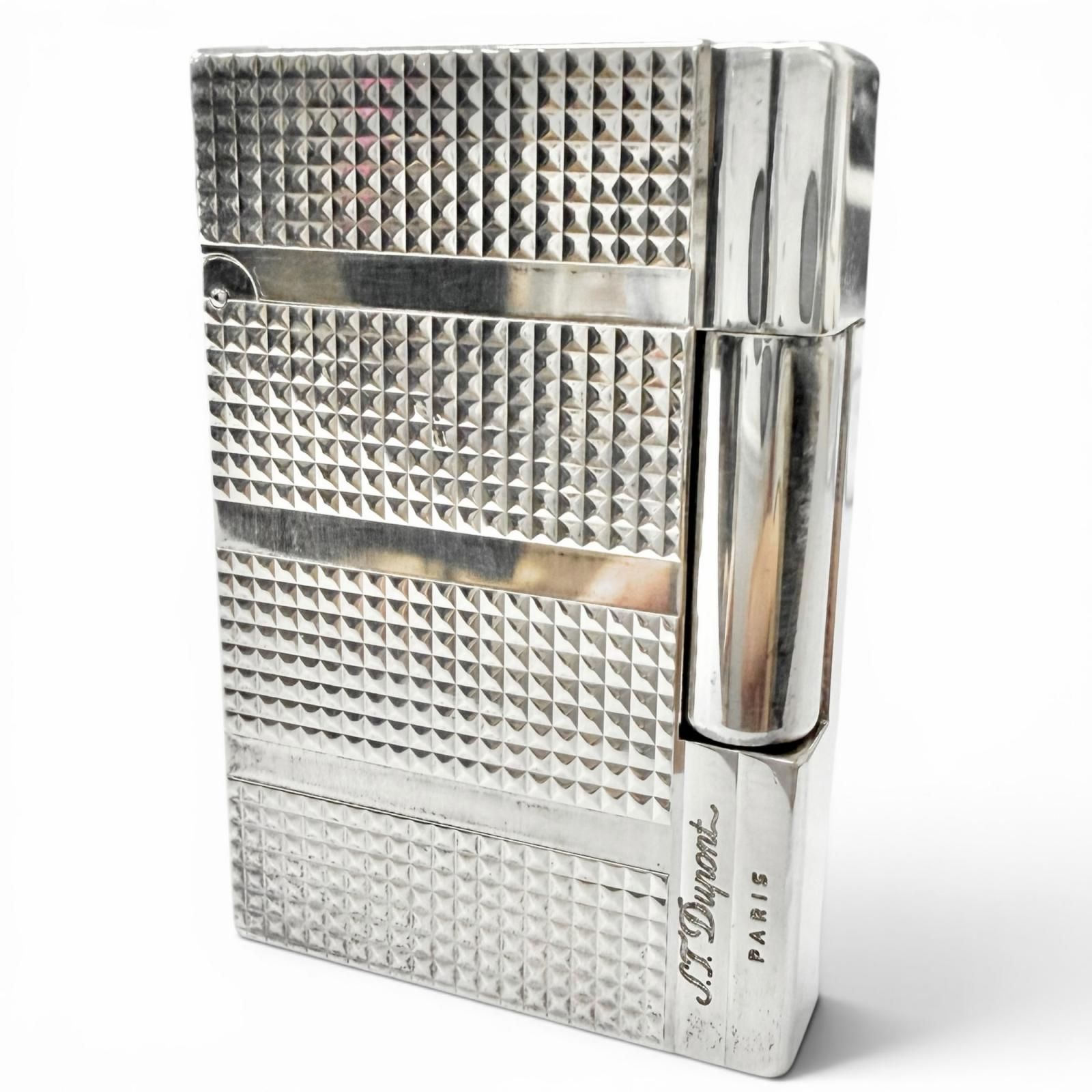 美品□Dupont デュポン ギャッツビー ヘリンボーン柄 スクエア型 ローラー式 ガスライター 喫煙具 シルバー フランス製 メンズ 着火確認済み