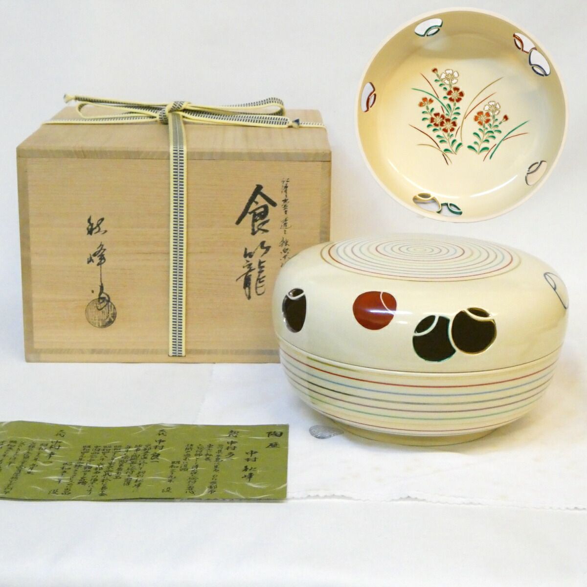 【五月の特売品】平安 中村秋峰作 仁清写 壺々透し 独楽文 食籠 撫子絵 喰籠 菓子器 食篭 喰篭 高級茶道具【中古 美品 】