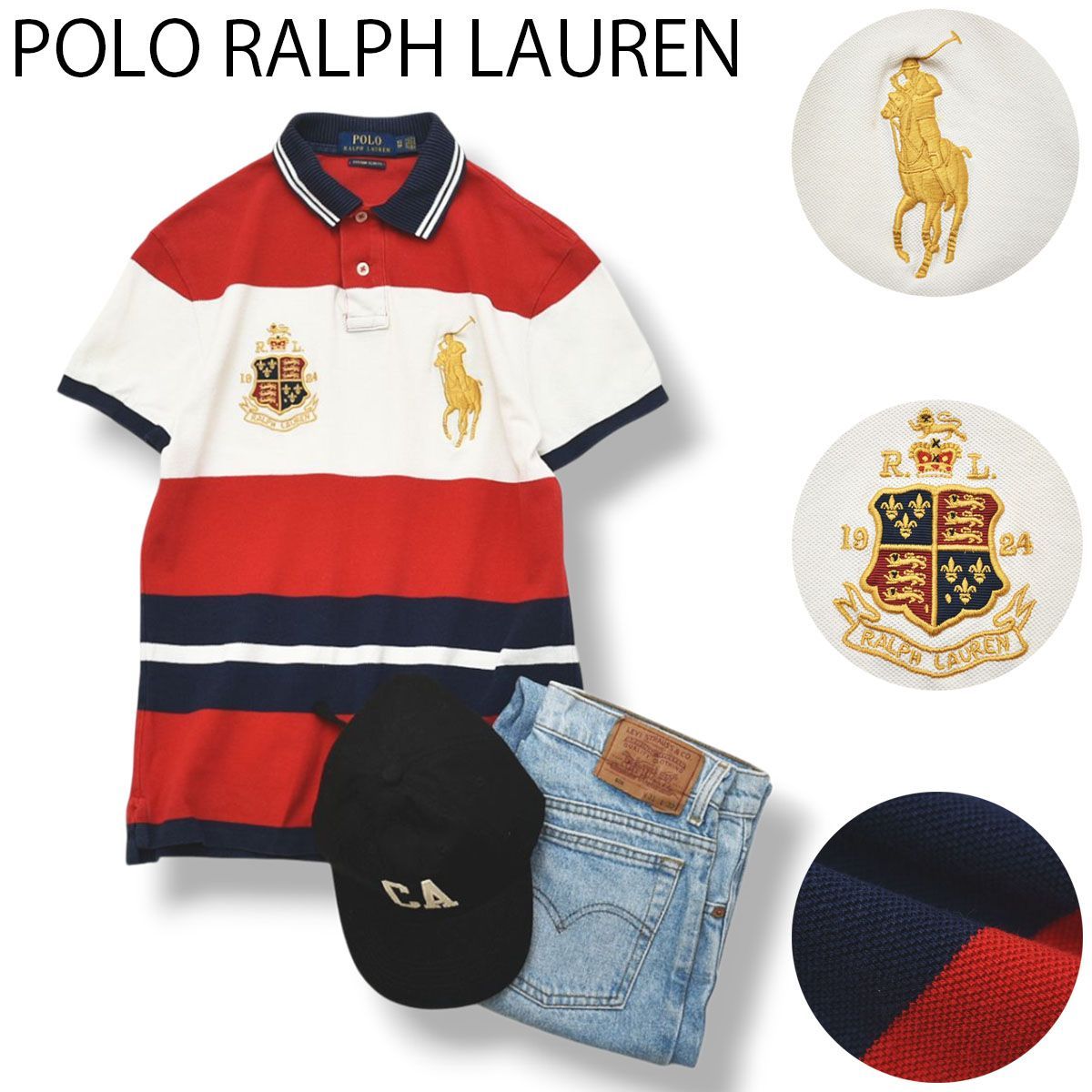 ポロ ラルフローレン POLO RALPH LAUREN エンブレム ビックポニー 鹿の子 ポロシャツ XS ボーダー柄 赤 x 白 x 紺 x 金 メンズ レディース ユニセックス 男女兼用