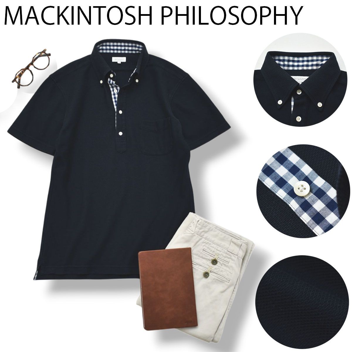 マッキントッシュ フィロソフィー MACKINTOSH PHILOSOPHY 半袖 鹿の子 ポケット ボタンダウン BD ポロシャツ 38 ネイビー トラッド ビジカジ メンズ 男性用
