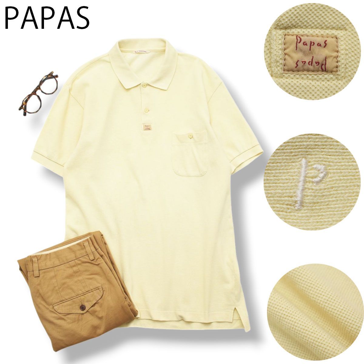 日本製 パパス PAPAS 半袖 鹿の子 ポロシャツ サイドスリット シングルポケット ワンポイント ロゴ M クリーム アメリカン カジュアル トラッド シティールック メンズ
