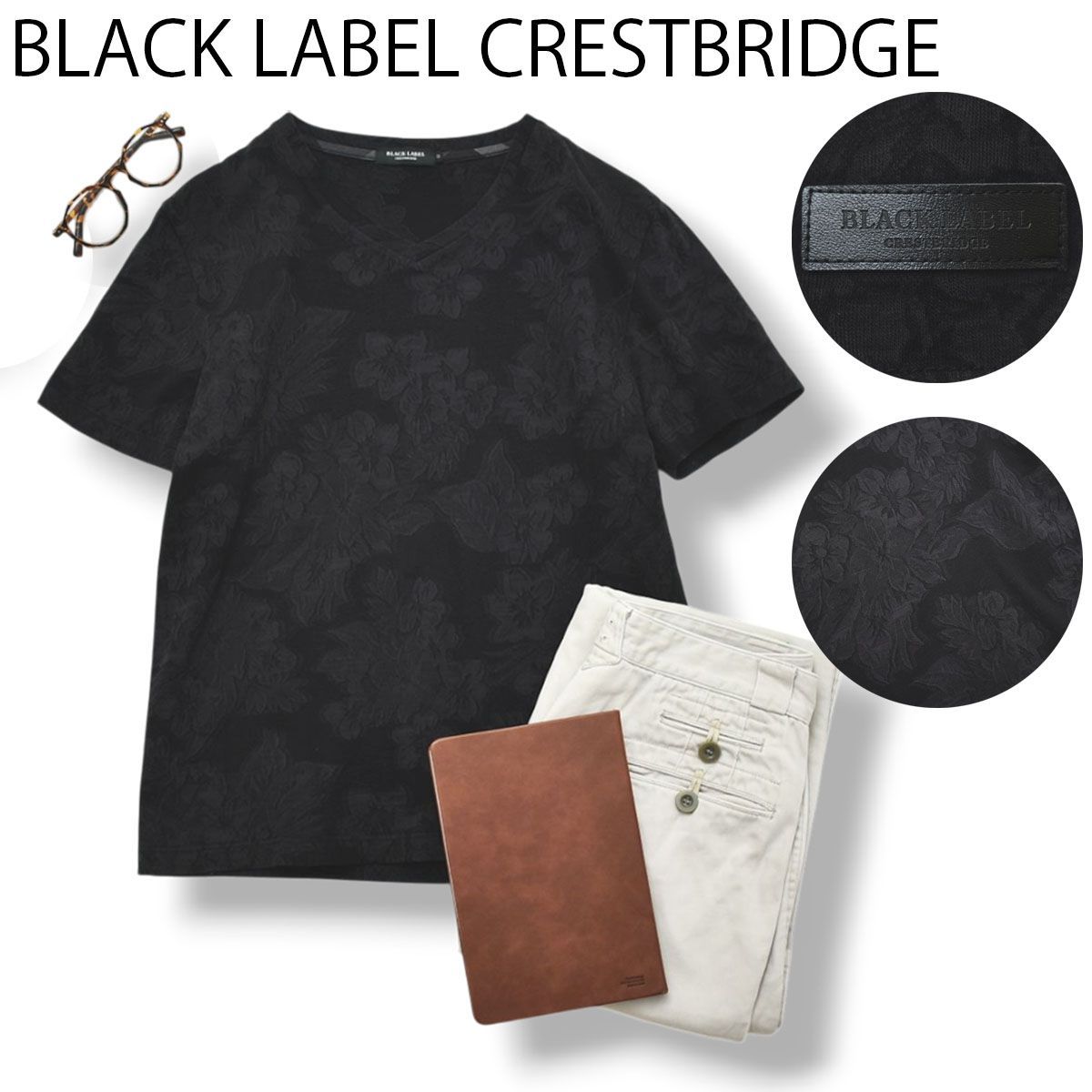 【レア】ブラックレーベル クレストブリッジ BLACK LABEL CRESTBRIDGE 半袖 Vネック Tシャツ カットソー M 花柄 ハイビスカス ブラック カジュアルメンズ