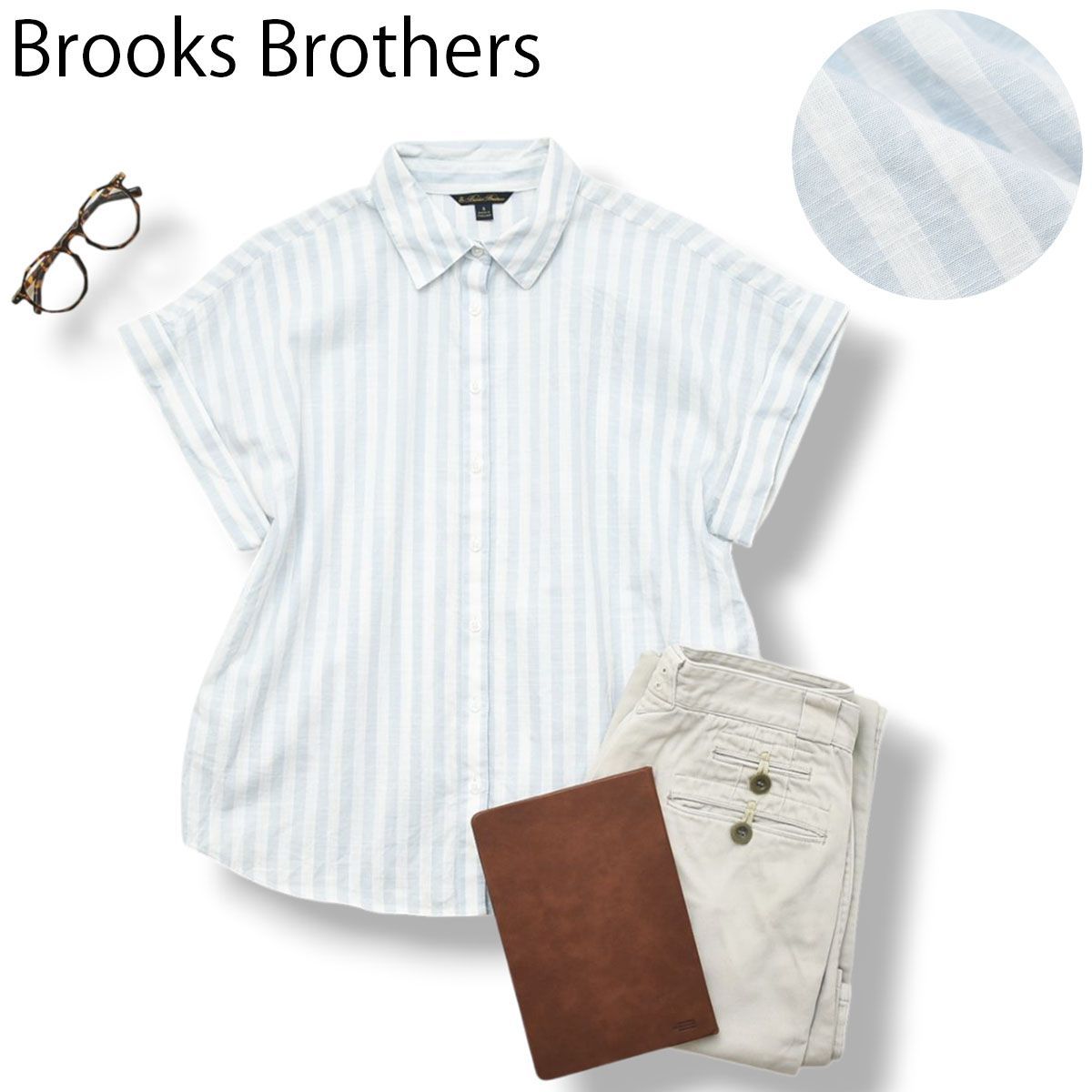 【美品】 ブルックスブラザーズ Brooks Brothers 半袖 フレンチスリーブ リネンライク コットン シャツ ラウンドヘム S ストライプ柄 ライトブルー x ホワイト レディース ♪
