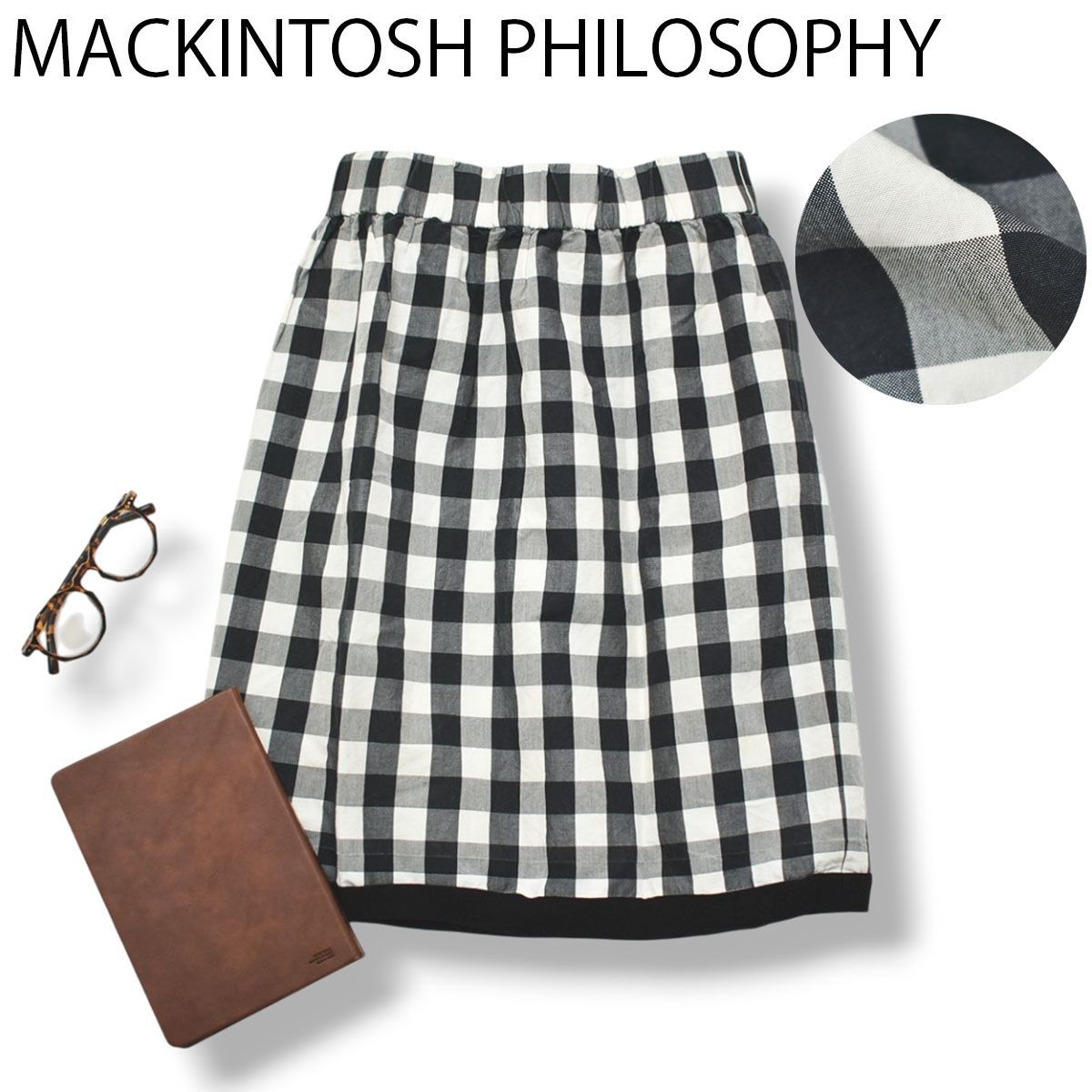 【上質】 マッキントッシュフィロソフィー MACKINTOSH PHILOSOPHY 膝丈 チェック柄 綿 麻 フレア スカート 36 白 x 黒 トラッド オフィスカジュアル レディース ♪