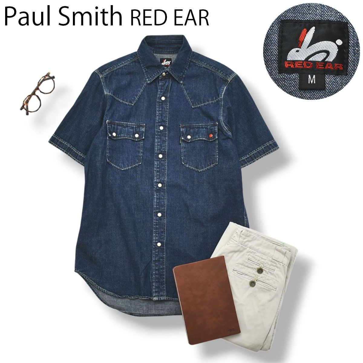 【美品】 日本製 ポールスミス レッドイヤー Paul Smith RED EAR 半袖 ウエスタン デニム シャツ ダブルポケット ラウンドヘム スナップボタン M インディゴ メンズ