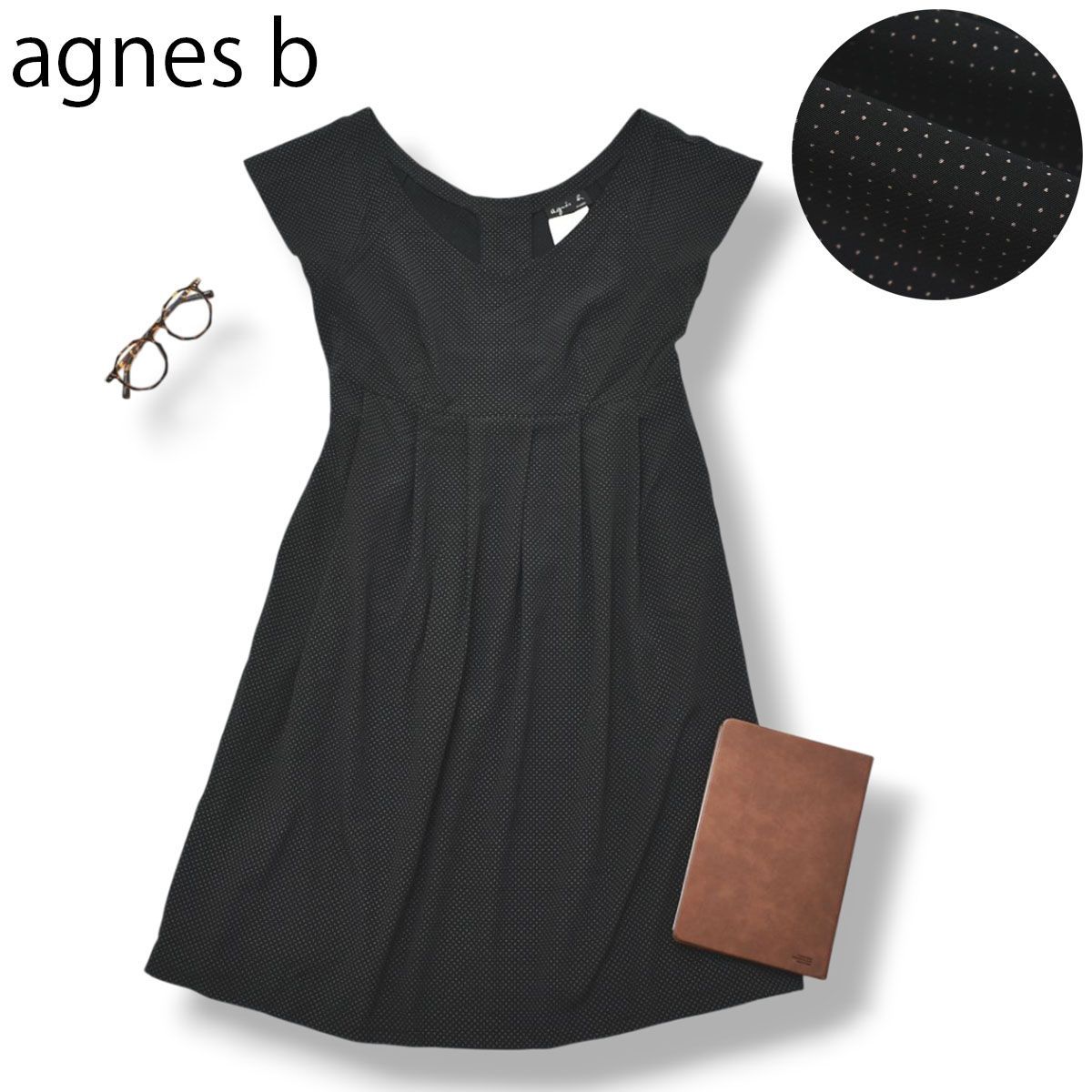 【美品】 フランス製 アニエスベー agnes b 膝丈 ノースリーブ ワンピース タック デザイン 38 ドット柄 ブラック フレンチ カジュアル モダン シティールック レディース ♪