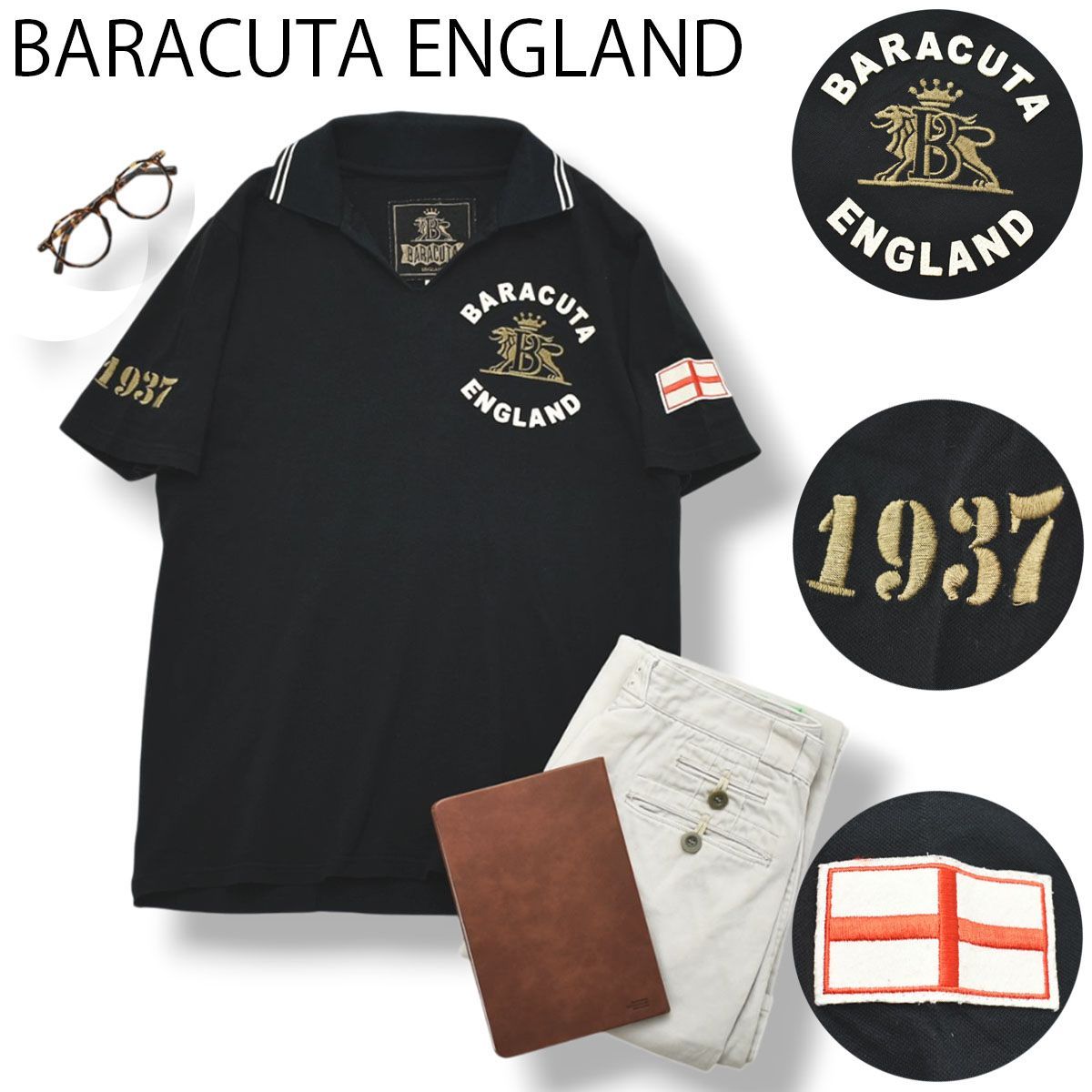 【定番】 バラクータ BARACUTA 半袖 Vネック ポロシャツ 刺繍 ワッペン ロゴ サイドスリット サイドシーム 40 ブラック ブリティッシュ カジュアル シティールック メンズ