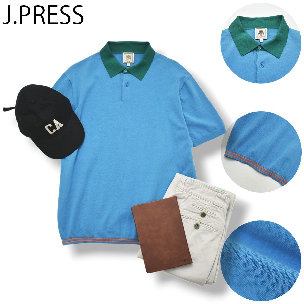 【美品】 ジェイプレス J.PRESS 半袖 コットン サマーニット ポロシャツ ハイゲージ サイドシーム L ライトブルー アメリカン カジュアル トラッド フレッピー シティールック メンズ