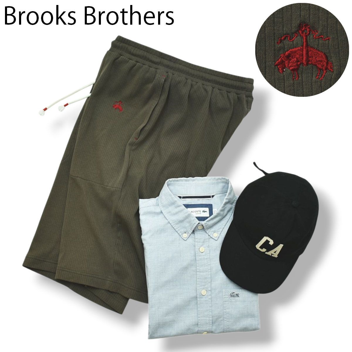 【定番】 ブルックスブラザーズ Brooks Brothers ストレッチ コットン ハーフ パンツ ゴールデンフリース ロゴ 刺繍 L オリーブ アメカジ タウンユース ルームウェア メンズ