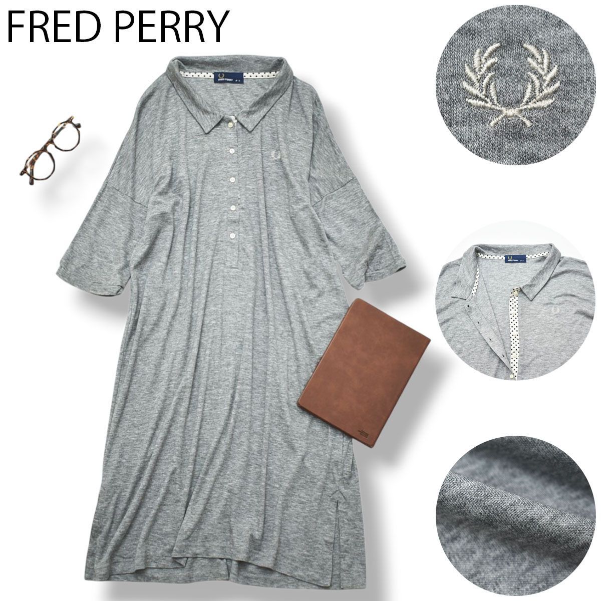 【美品】 日本製 フレッドペリー FRED PERRY ミモレ丈 半袖 ポロシャツ ワンピース 月桂樹 刺繍 ロゴ サイドスリット S グレー ブリティッシュ シティールック レディース ♪