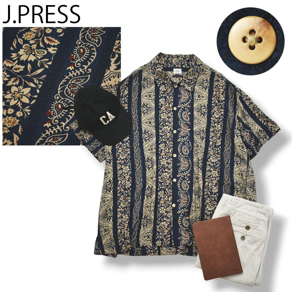 【美品】 【希少】 ジェイプレス J.PRESS ペイズリー柄 アロハシャツ 4L 総柄 柄シャツ 茶 x 赤 x 紺 リゾート アメカジ ストリート カジュアル メンズ