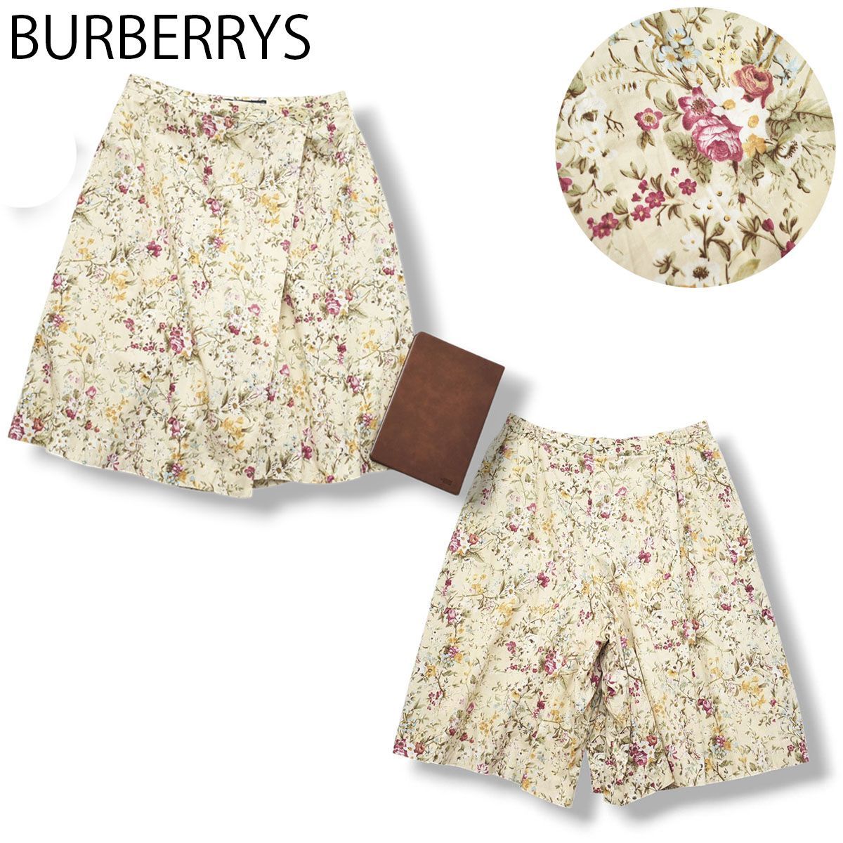 90s ヴィンテージ バーバリー BURBERRYS 膝丈 スカート風 ハーフショート ワイド キュロット パンツ ショーツ 17R 花柄 ベージュ ブリティッシュ カジュアル レディース 女性用 ♪