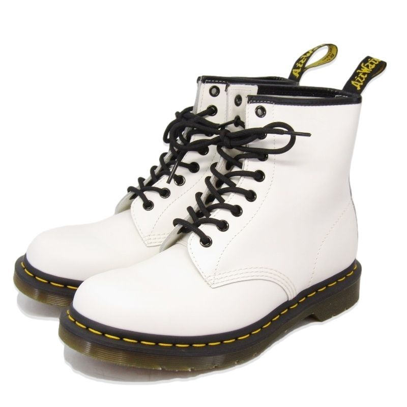 美品 Dr.Martens ドクターマーチン UK7 8ホールブーツ 1460 スムースレザー イエローステッチ レースアップブーツ ホワイト 白 35005591
