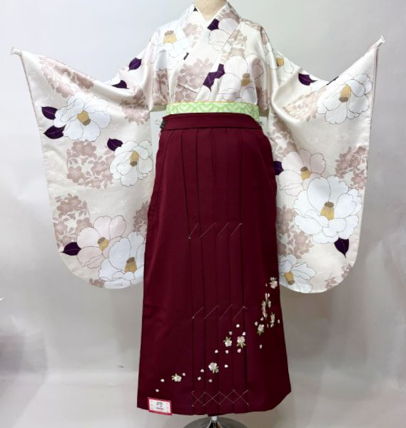 二尺袖 着物 袴フルセット ジュニア用へ直し 135～150cm ボヌールセゾン アイボリー 椿 袴変更可能 NO43439-02