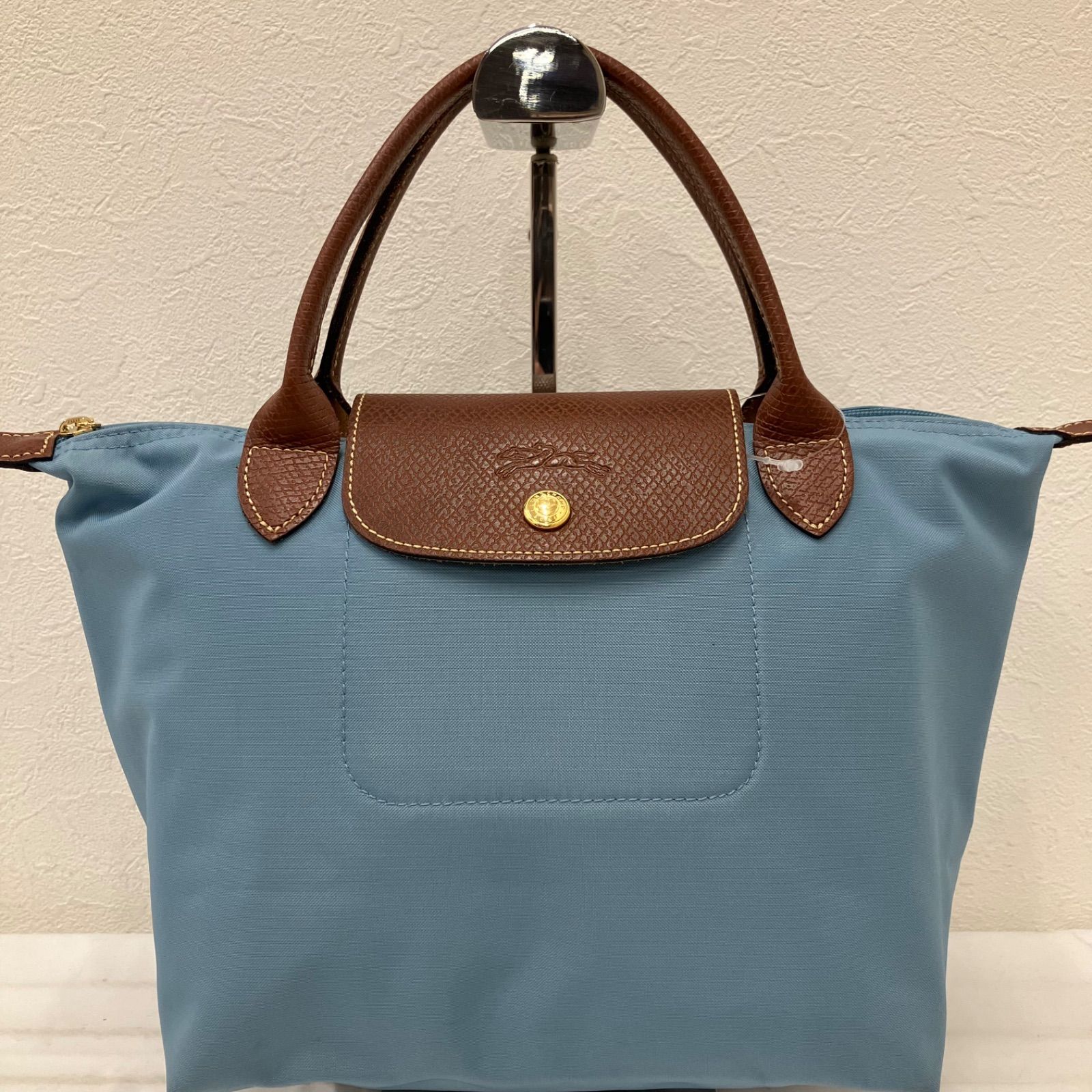 3803　LONGCHAMP　ロンシャン　ハンドバッグ　 ルプリアージュ　水色　ライトブルー×ブラウン系　 ナイロン　レザー　折り畳み　コンパクト　きれいめ　 カジュアル　レディース