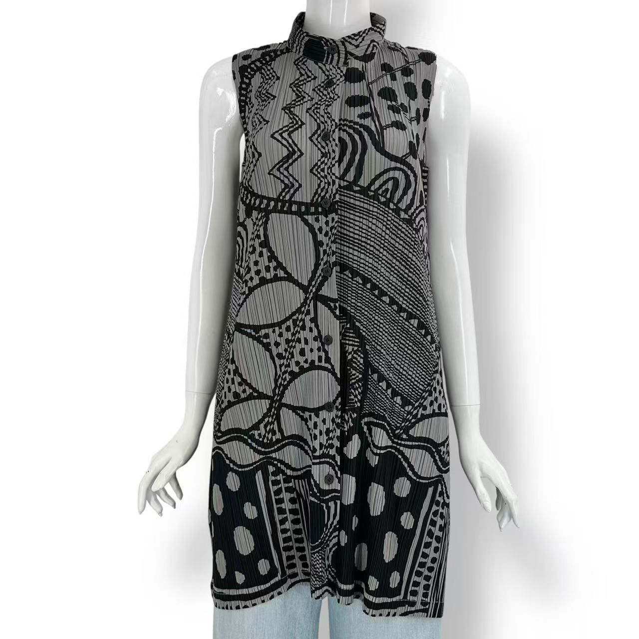極美品 ISSEY MIYAKE イッセイミヤケ PLEATS PLEASE プリーツプリーズ マルチパターン ノースリーブワンピース グレー サイズ4