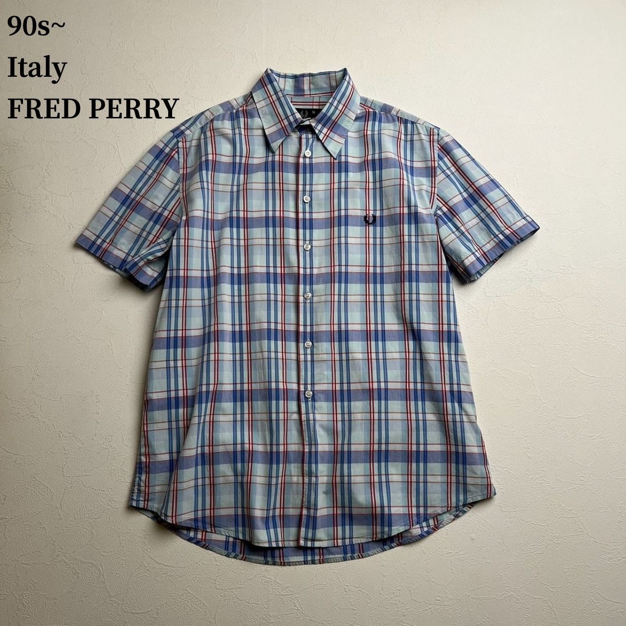 90s~ Italy FRED PERRY　チェック　半袖シャツ　ブルー　M 古着