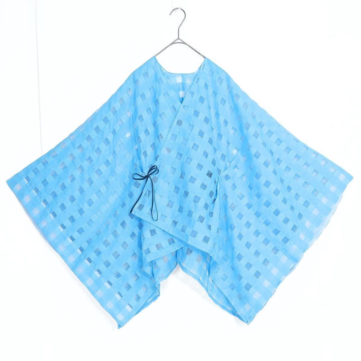 【極美品】SOUSOU ソウソウ★麻混 きさらぎ はおりもの ひも付き ブルー系 格子柄 薄手 z20457