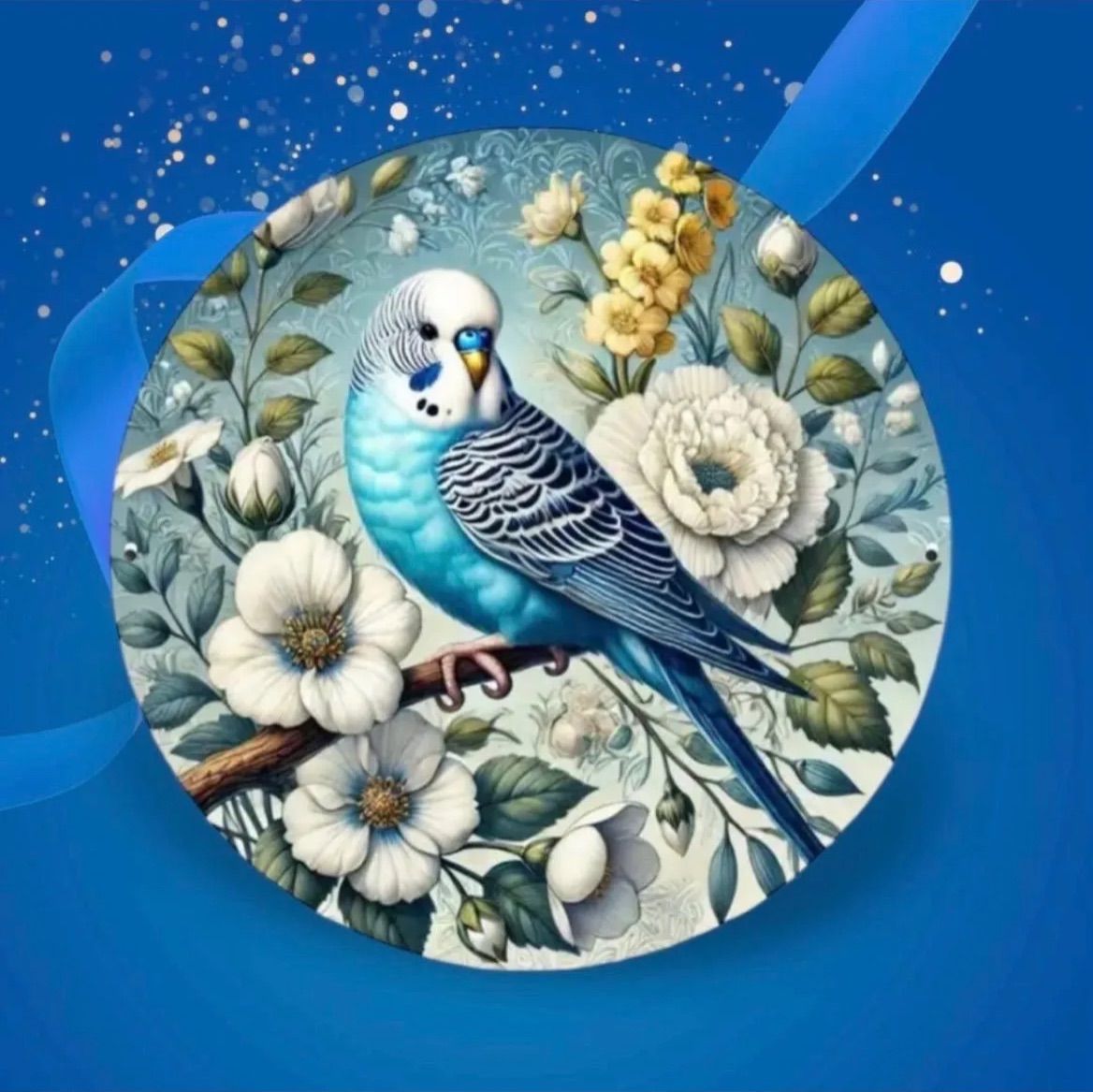 新品 セキセイインコ メタルサイン 丸型 ブリキ看板 花柄 北欧風 