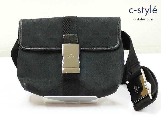 D391 [人気] GUCCI グッチ ウエストポーチ ブラック GG キャンバス レザー ボディバッグ ヒップバッグ 収納袋付き | ★