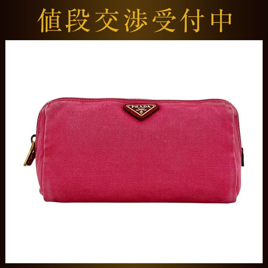 プラダ ポーチ ピンク 小物入れ ロゴプレート キャンバス 中古 42 PRADA