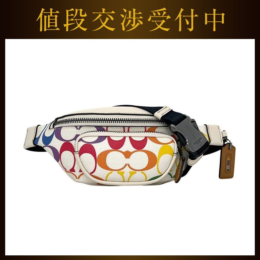 コーチ ミニ ボディバッグ ホワイト 白 マルチカラー シグネチャー CJ682 美品 クロスボディ PVC レザー 中古 COACH