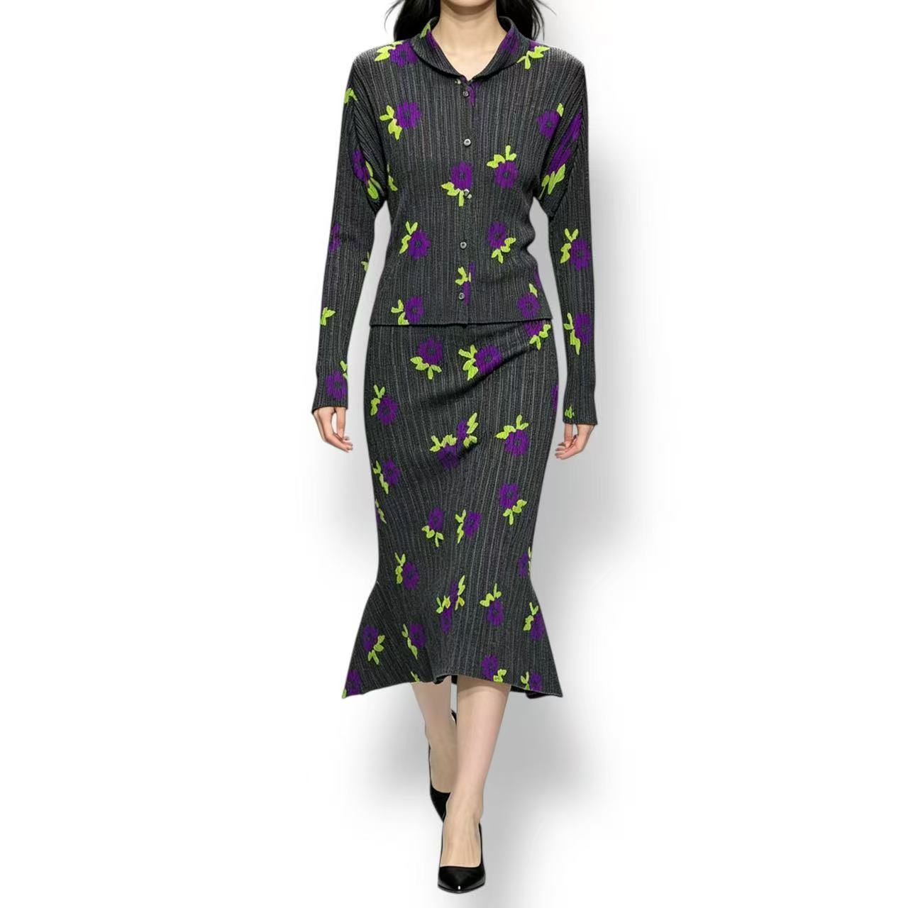 極美品 ISSEY MIYAKE イッセイミヤケ PLEATS PLEASE プリーツプリーズ セットアップ トップス カーディガン スカート 花柄 グレー サイズ3