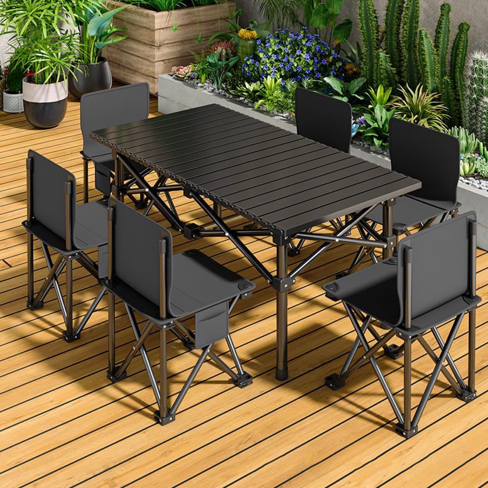 アウトドア テーブル 7点セット【120×55×49cm、 ブラック 】 チェアセット キャンプ テー ブル 組立簡単 軽量 屋外用折りたたみ椅子 自動運転ツアー ピクニック テーブルと椅子 防災 アウトドア キャンプ 釣り ピクニック バーベキュー キ kk