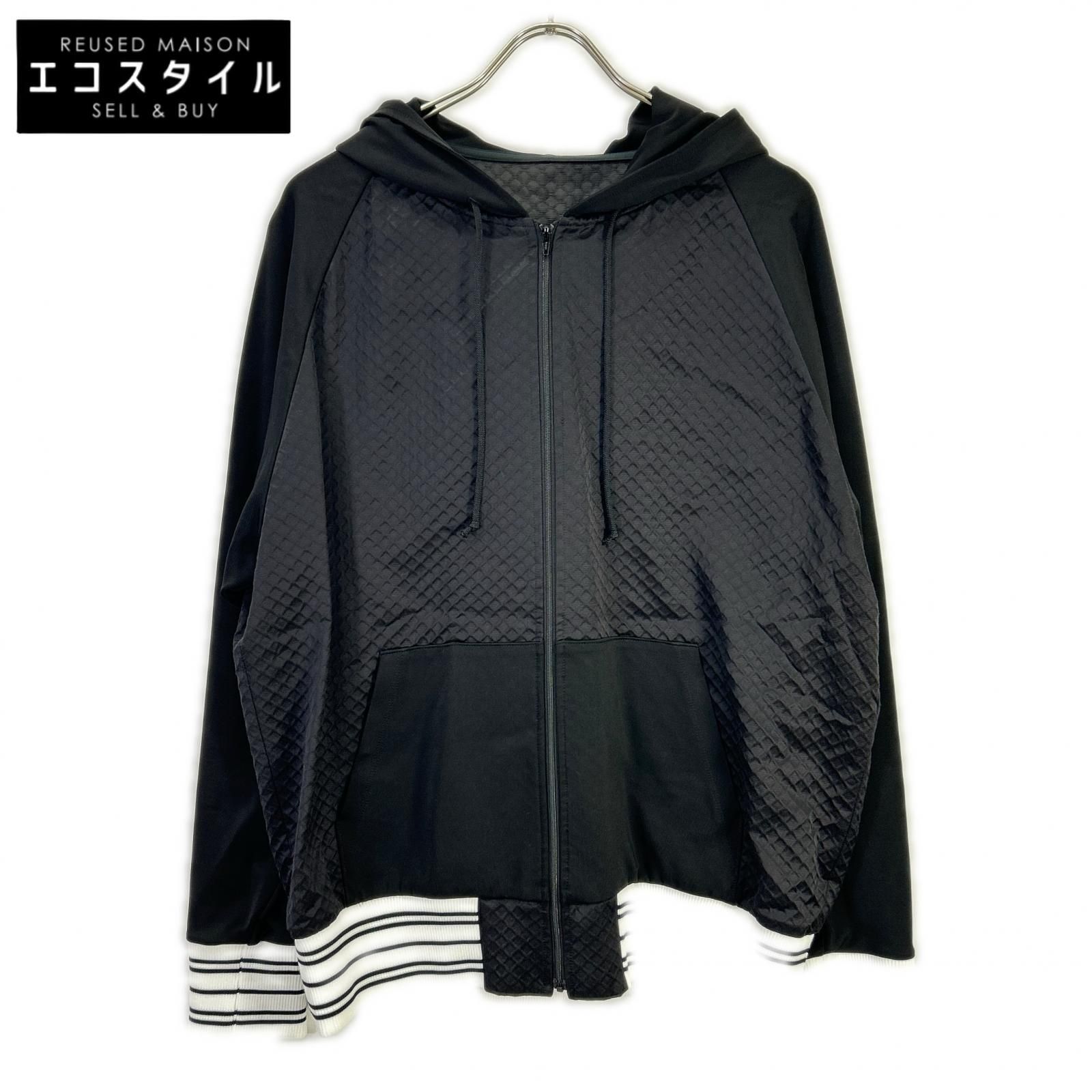 TAE ASHIDA　タエアシダ　HJ1607 ブラック×ホワイト ワッフル切り替え ジップアップフーディ　M