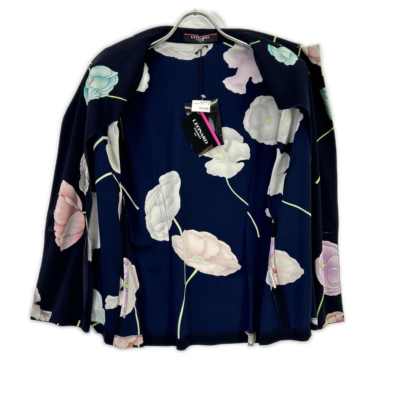 19840✨️レオナール ノーカラージャケット 花柄 LL ネイビー コットン LEONARD レオナール 【FASHION】ネイビー カンカン素材 花柄総柄 LL