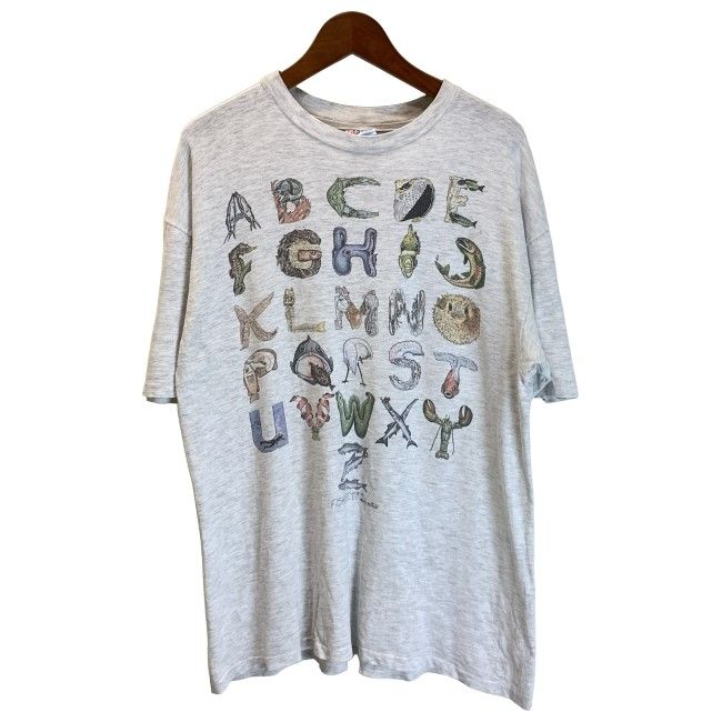 【中古】　Hanes　Tシャツ　90s vintage　90年代　OLD　FISHABET(c)1989　半袖　トップス　クルーネック　プリント　アルファベット　魚　USA製　古着　/1590