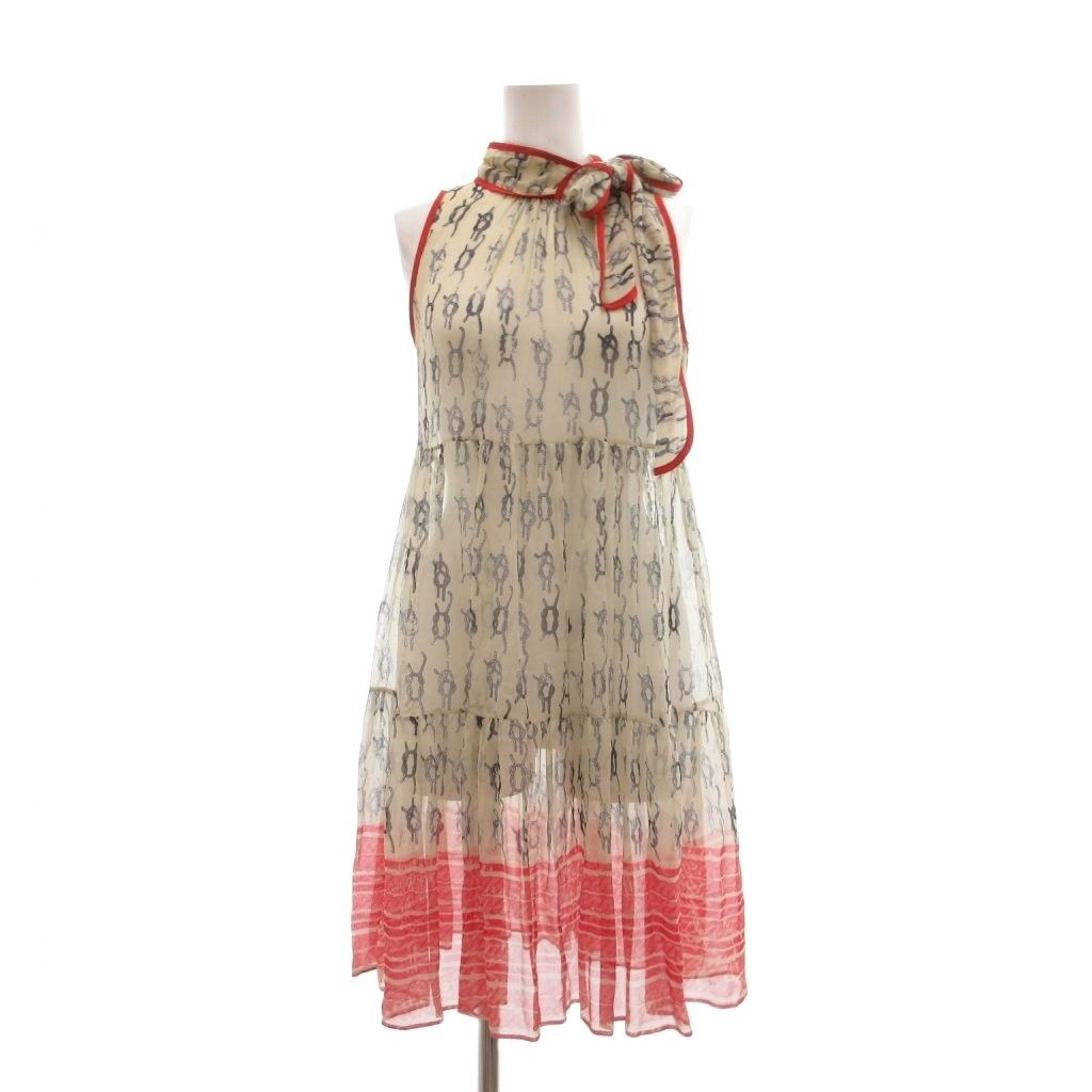 レッド ヴァレンティノ RED VALENTINO ワンピース ミディ丈 白 赤 レッド ノースリーブ ボウタイ 総柄 結び目柄 /SX ■GY06