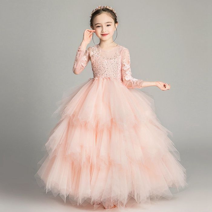 子供 ドレス 長袖 発表会 ピアノ フォーマル キッズ チュールワンピース ふんわり感 ロングワンピース 女の子 フレアワンピース キラキラ ジュニア 結婚式 #qindl