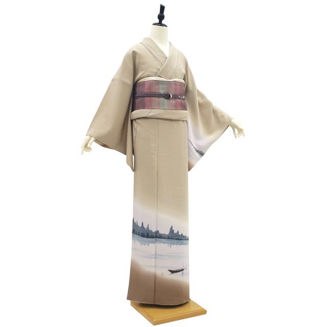 中古】 訪問着 着物 正絹 リサイクル 袷 手染め ミルクティーベージュ