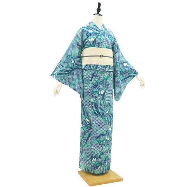 出品明日まで！　浴衣　有松鳴海絞り　菖蒲と流水　裄67.3cm 新古品】 有松 浴衣 本場有松鳴海絞り 夏物 未使用 ゆかた 絞り 木綿