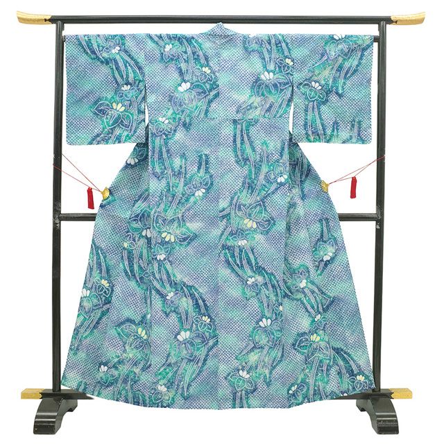 出品明日まで！　浴衣　有松鳴海絞り　菖蒲と流水　裄67.3cm 新古品】 有松 浴衣 本場有松鳴海絞り 夏物 未使用 ゆかた 絞り 木綿