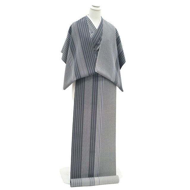 美品　未仕立て　小紋　着尺　反物　変わり古代縞　正絹　クイーンサイズ 新古品】 小紋 着物 着尺 反物 正絹 黒 グレー 白 モノトーン 変わり縞