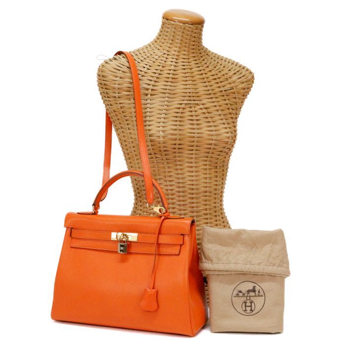 【ABランク】 エルメス HERMES ケリー 32 ヴォ―ガリバー (レザー) GD金具 〇X刻印 (1994年) ハンドバッグ 手提げかばん トップハンドルバッグ 2WAYバッグ メンズ レディース アプリコット(オレンジ) 正規品 中古 mbz04001