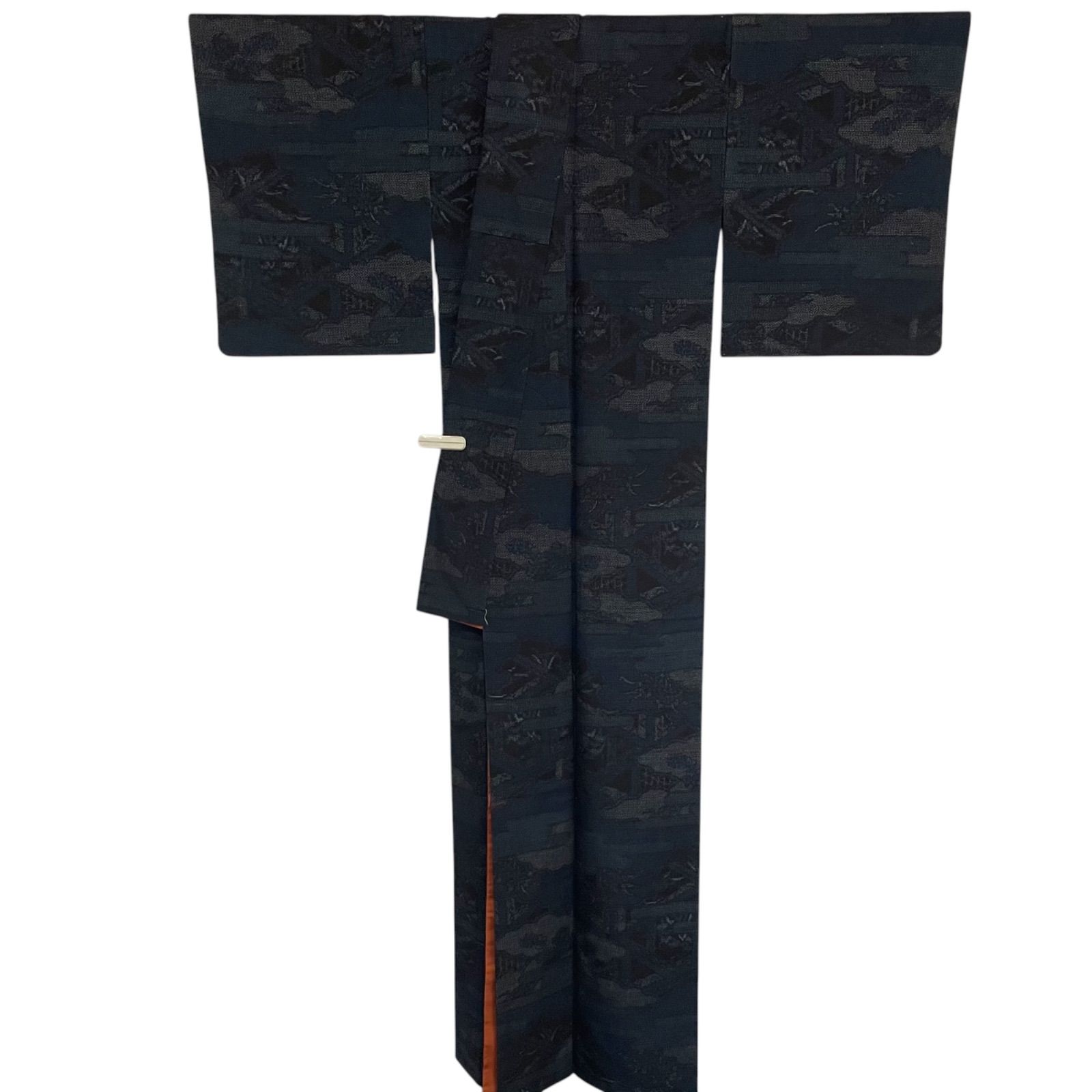 J892 美品 大きめサイズ 結城紬 藍染め 霧 正絹 身丈165cm 和装 和服 