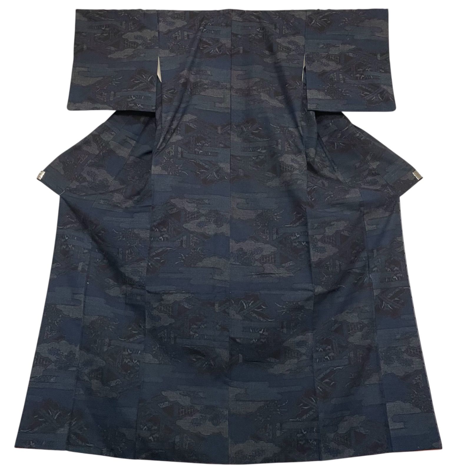 J892 美品 大きめサイズ 結城紬 藍染め 霧 正絹 身丈165cm 和装 和服 