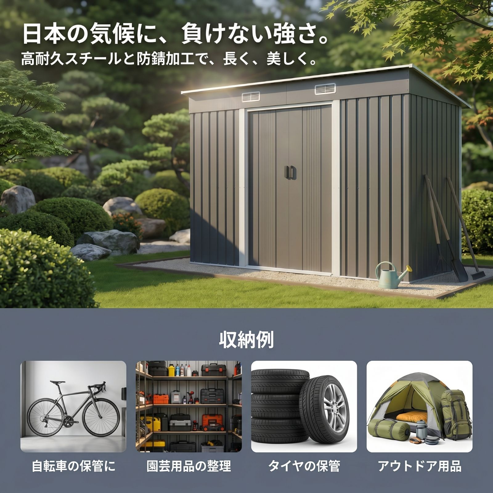 【2000円OFFクーポン配布中】物置 屋外 大型 W239×D123×H181cm スチール物置【タイプD】引き戸 両開き 防水 防さび 換気口付き 屋外収納庫 倉庫 自転車収納 ガーデン収納 ベランダ収納 工具収納 タイヤ収納 大容量 メタル物置 収納小屋 23,352円