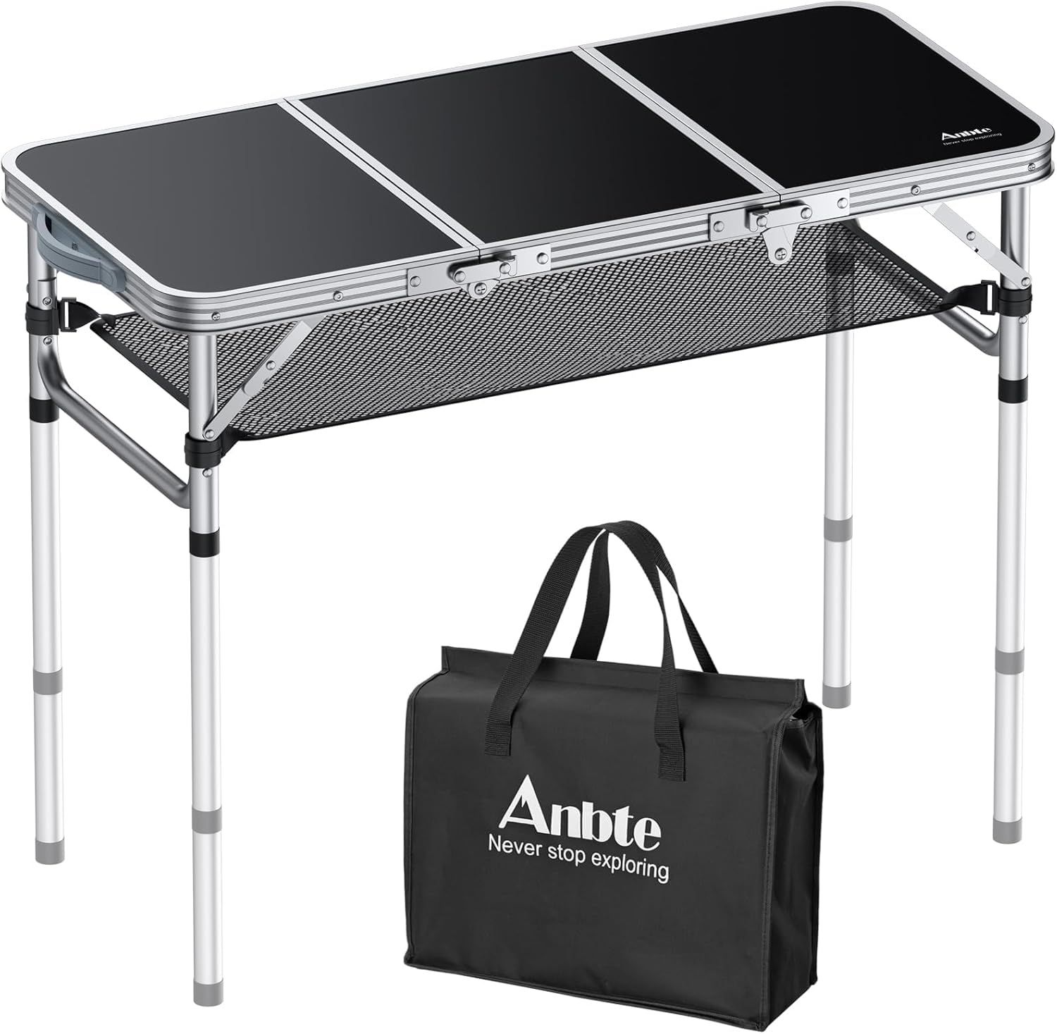 Anbte キャンプテーブル 3段階高さ調節 90cm アルミ製 折りたたみ式 軽量 ポータブル BBQ ピクニック アウトドア RV用 銀黒