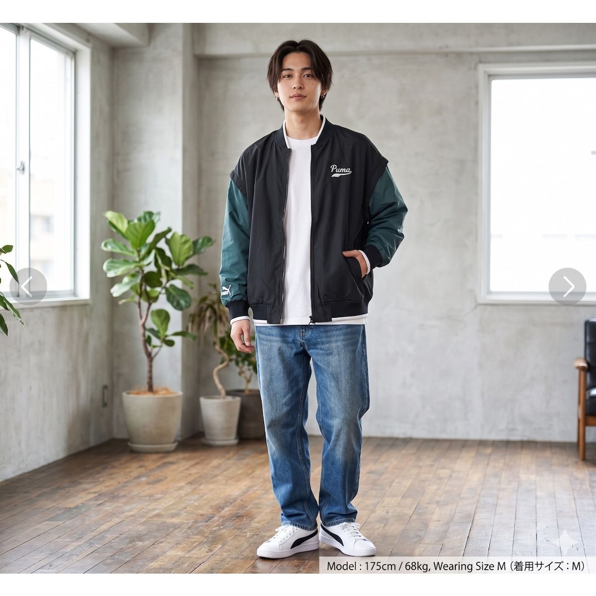 PUMA TEAM レターマンジャケット レディース Mサイズ スタジャン ブルゾン ブラック グリーン プーマ