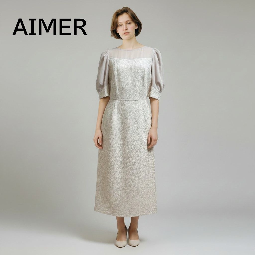 新品タグ付き　AIMER エメ パフスリーブパーティドレス 5分袖　レース&シフォン ミモレ丈　フォーマルワンピース ハレの日 アイボリー 9号　マザーズドレス 11,550円