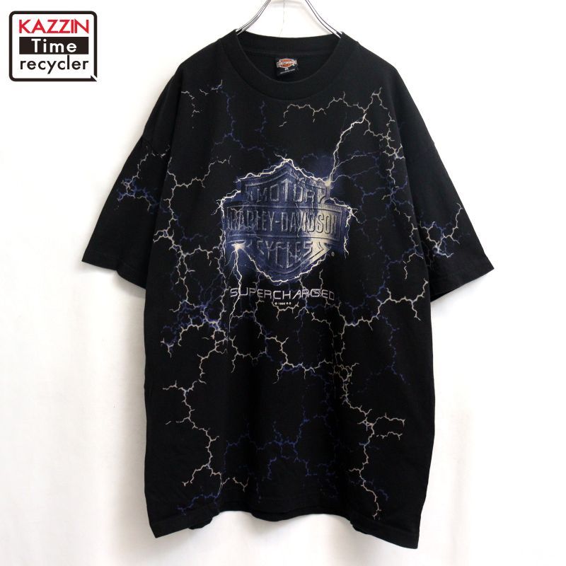 90s USA製 vintage HARLEY DAVIDSON サンダー イーグル オールオーバープリント 半袖Ｔシャツ メンズ 表記XXLサイズ