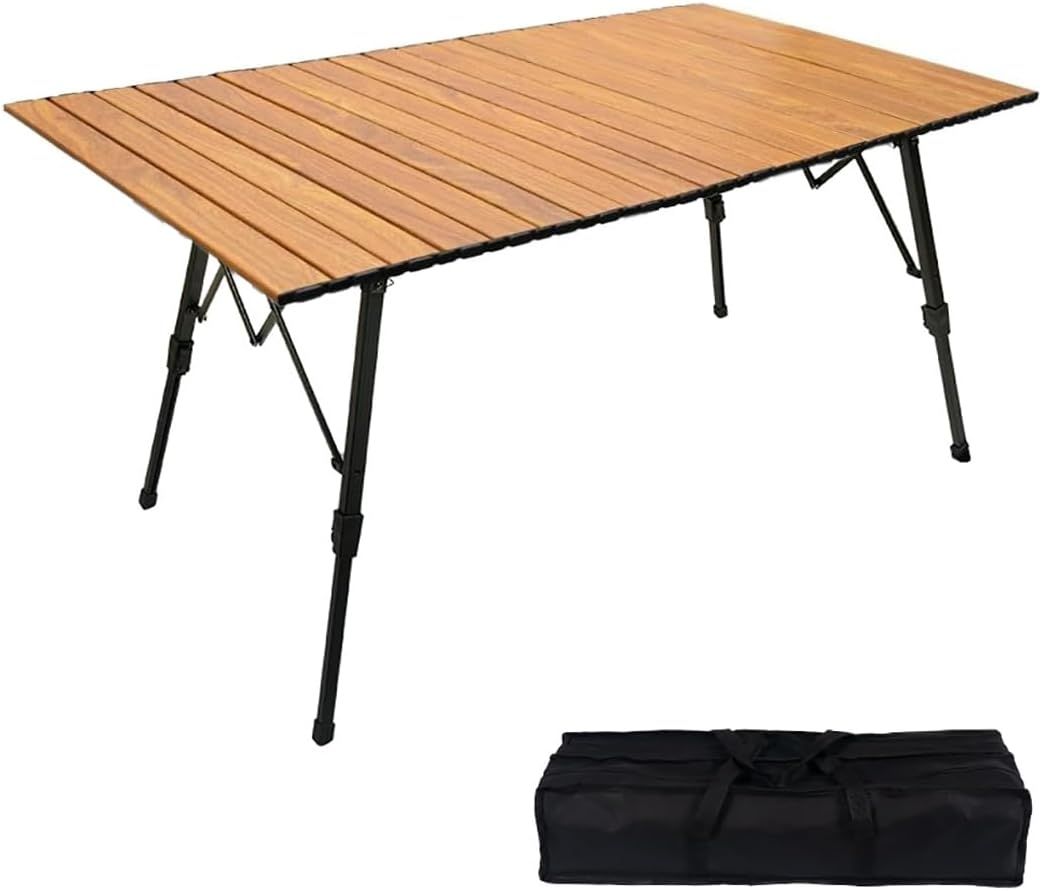 LEESA アウトドアテーブル キャンプテーブル 120×70 折りたたみ ロールテーブル 軽量 アルミ製 ウッド調 木目 ブラウン 耐熱 安定 コンパクト 組立簡単