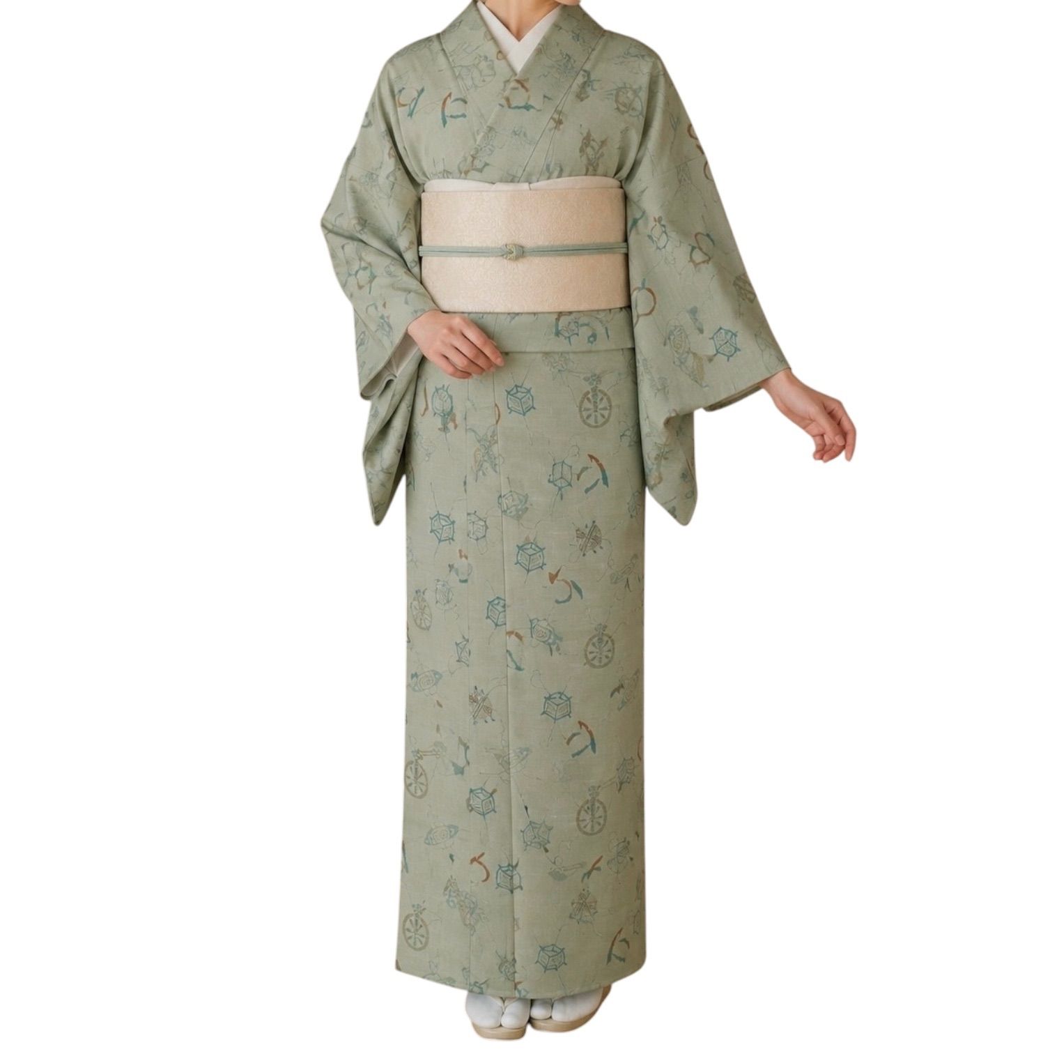 #J901 紬きもの いろは歌 糸巻き 正絹 和装 和服 着物