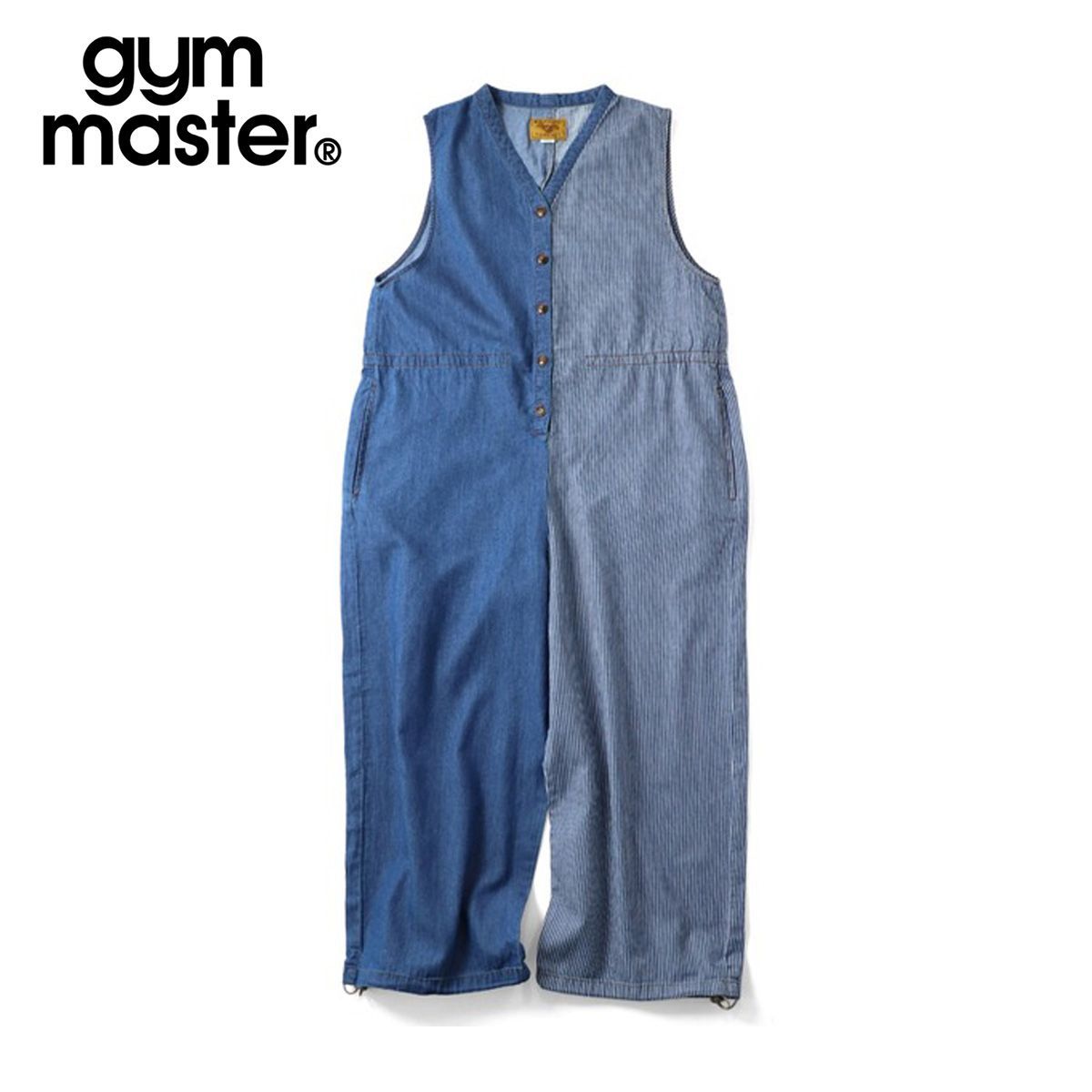 gym master ジムマスター ライトオンスデニム オールインワン レディース コットン100％ Vネック ワイドシルエット ドローコード付きつなぎG721755 ヒッコリーブルー